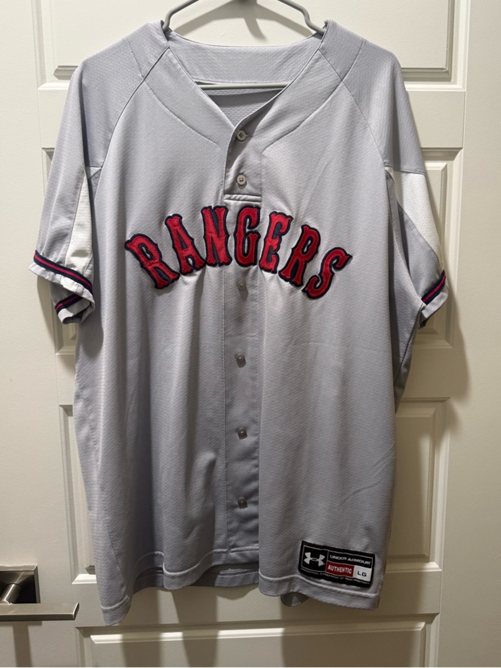 Under Armour Light Gray and Red Rangers Baseball Jersey